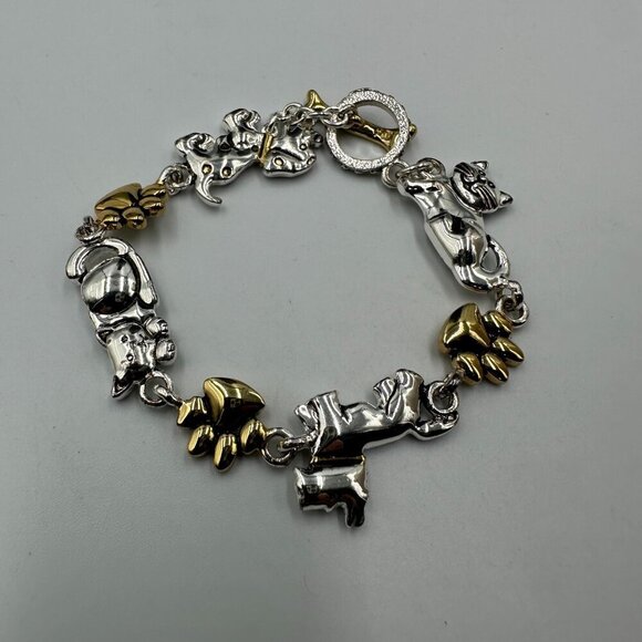 3/$30 Cat Dog Charm Bracelet Silver Gold Mixed Metals Paw Print Toggle Clasp - Picture 3 of 13